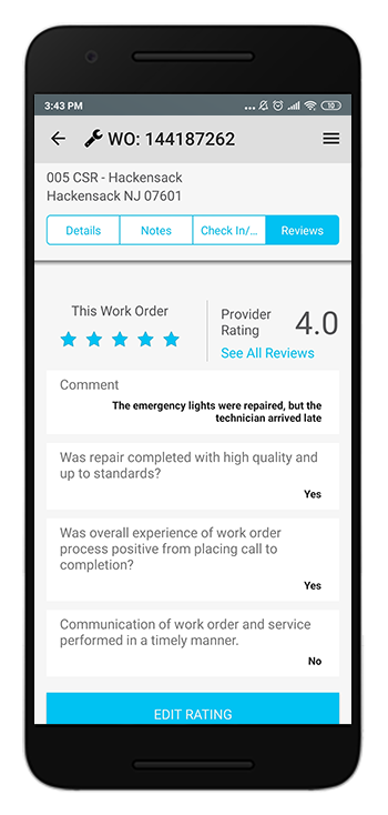 Responses to additional survey questions on the work order review screen in SC Mobile