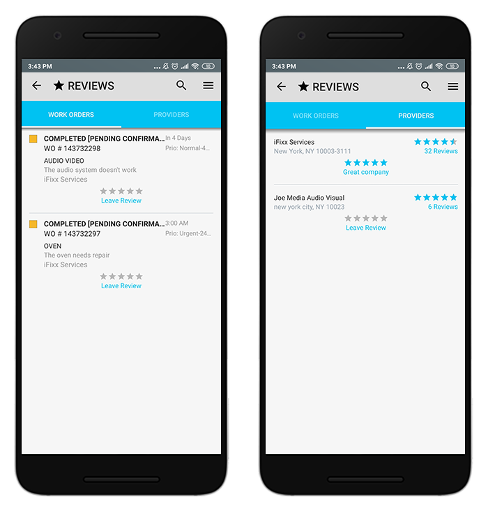 A list of work orders and provider reviews history on the Reviews screen in SC Mobile