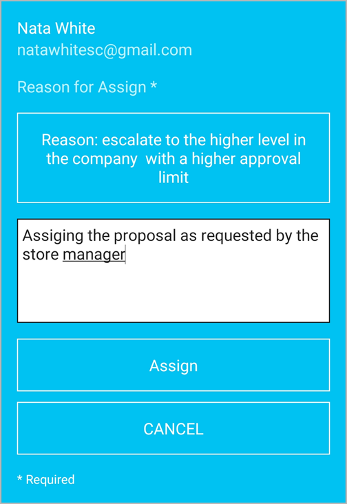 Selecting a user to assign a proposal to in SC Mobile