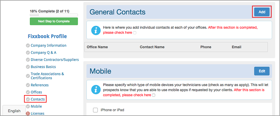 Adding contact information for a service provider profile