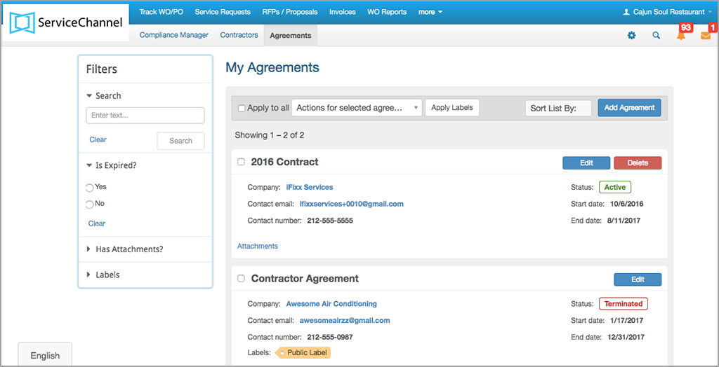 Agreements page
