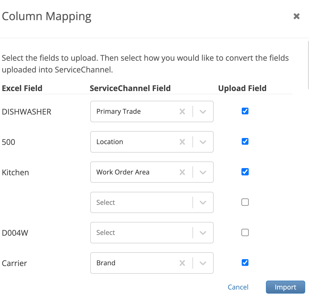 Column mapping modal