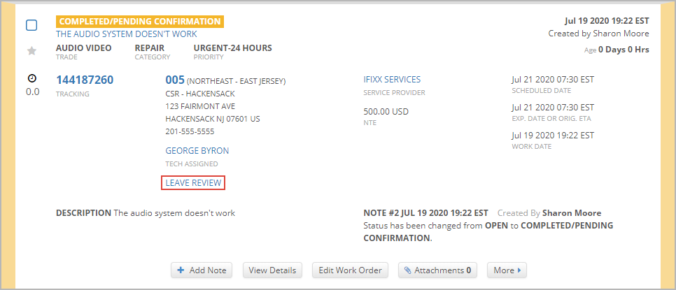 A service request awaiting review on the work orders list in Service Automation