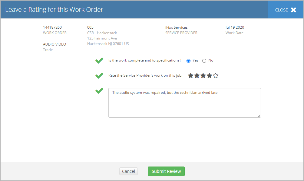 Marking a work order as complete in Service Automation