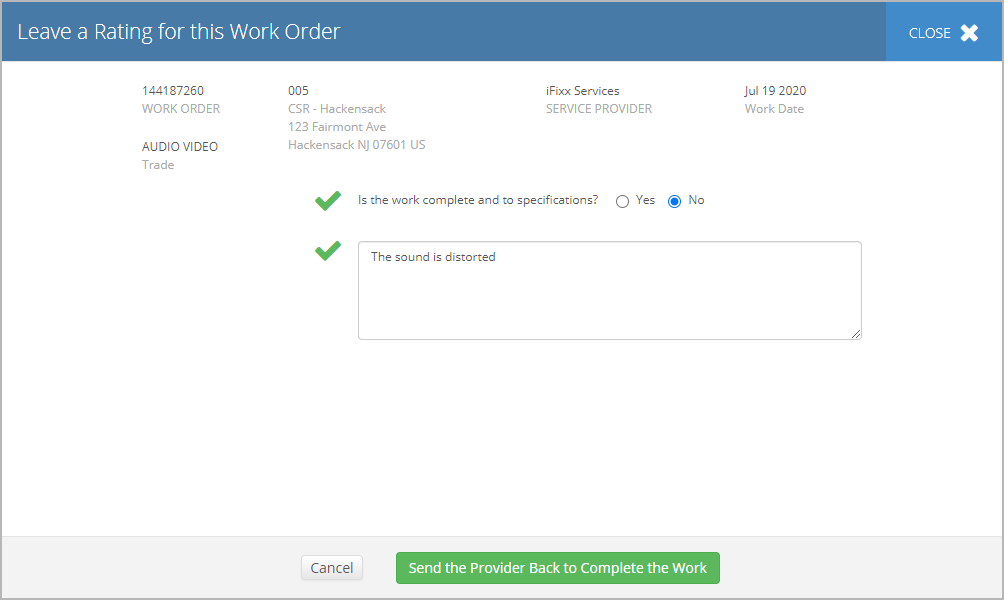 Marking a work order as incomplete in Service Automation
