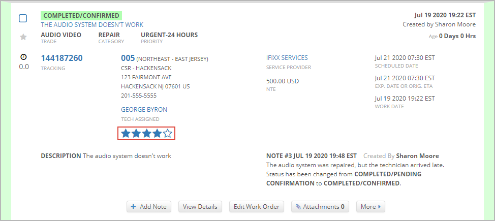 A previously rated service request on the work orders list in Service Automation