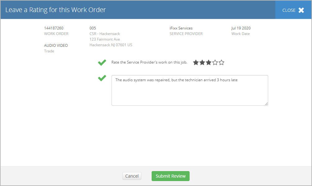 Updating a review for a previously rated work order in Service Automation