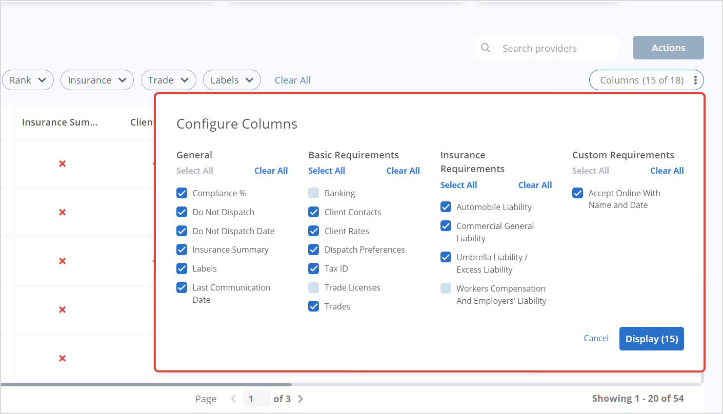 Picture showing the configure columns window