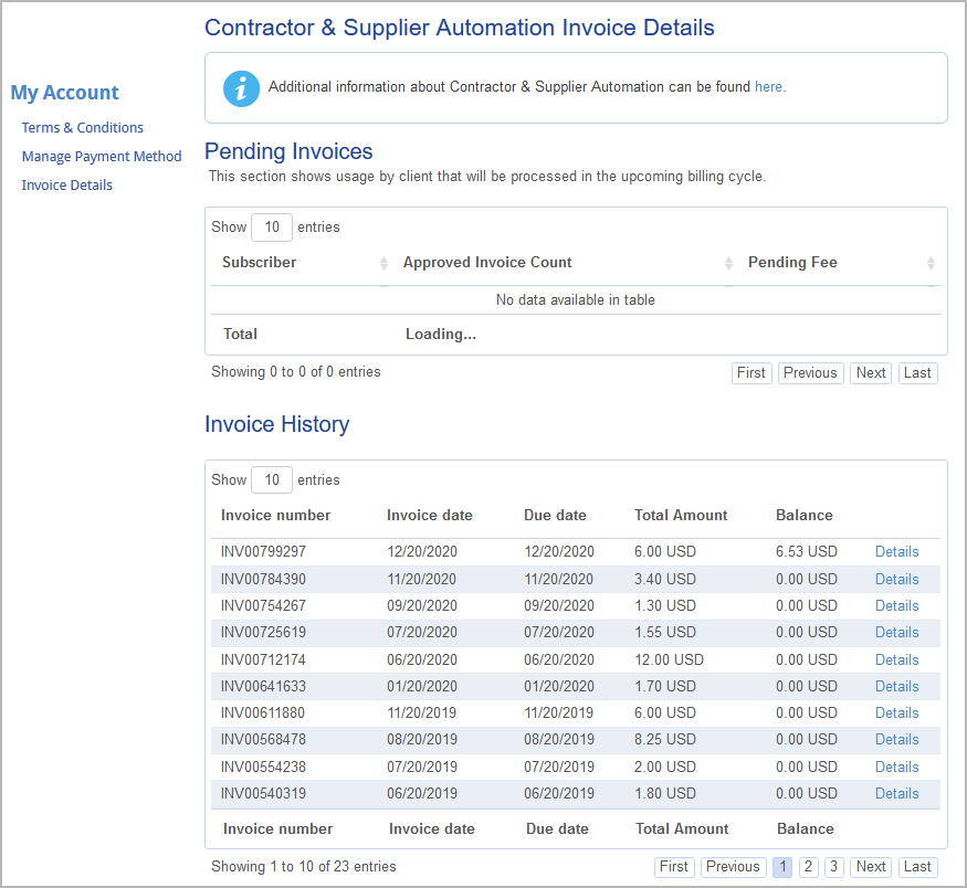 Viewing pending invoices and invoice history