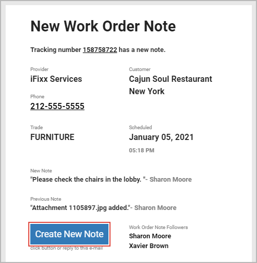 Adding a note to a work order from an email notification about a new note