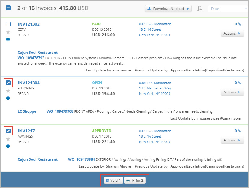 Example of an open invoice and an approved invoice as well as actions you can take on them