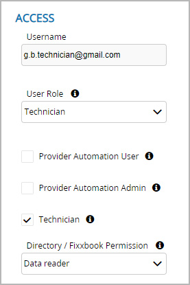 The Access section within a user profile in Provider Automation