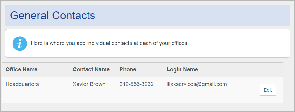 General Contacts section of the provider's Directory Profile