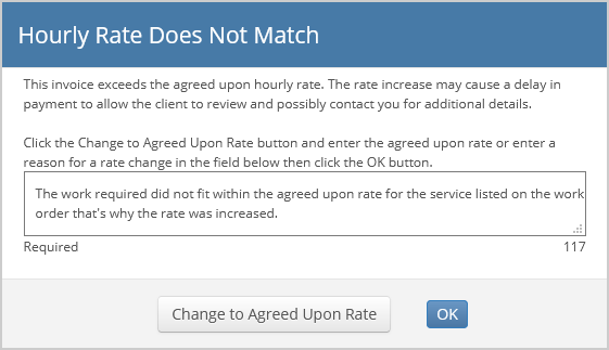 Entering a reason for rates mismatch