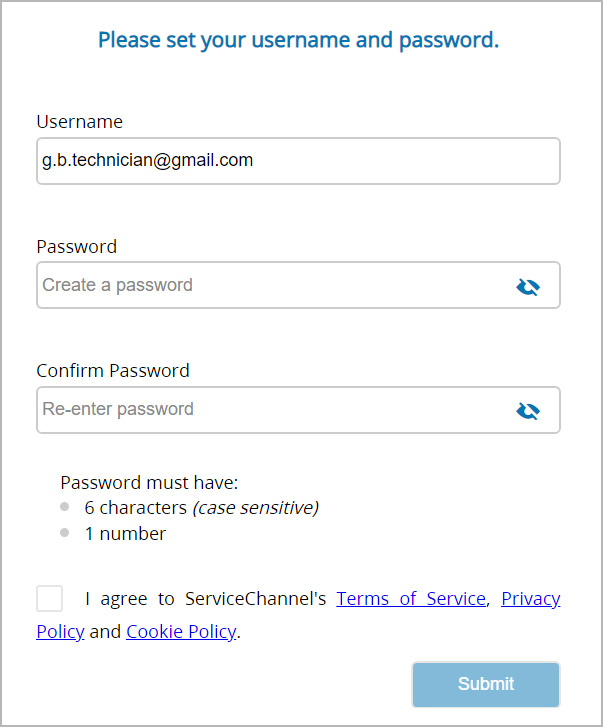 The page for setting a password to a technician's account