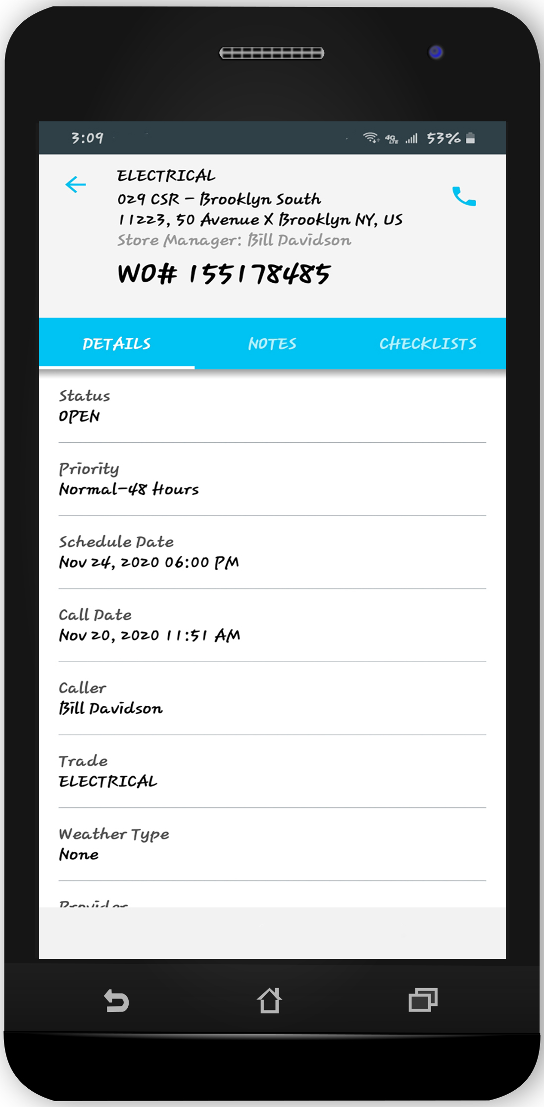 Details of a work order from within the mobile app.