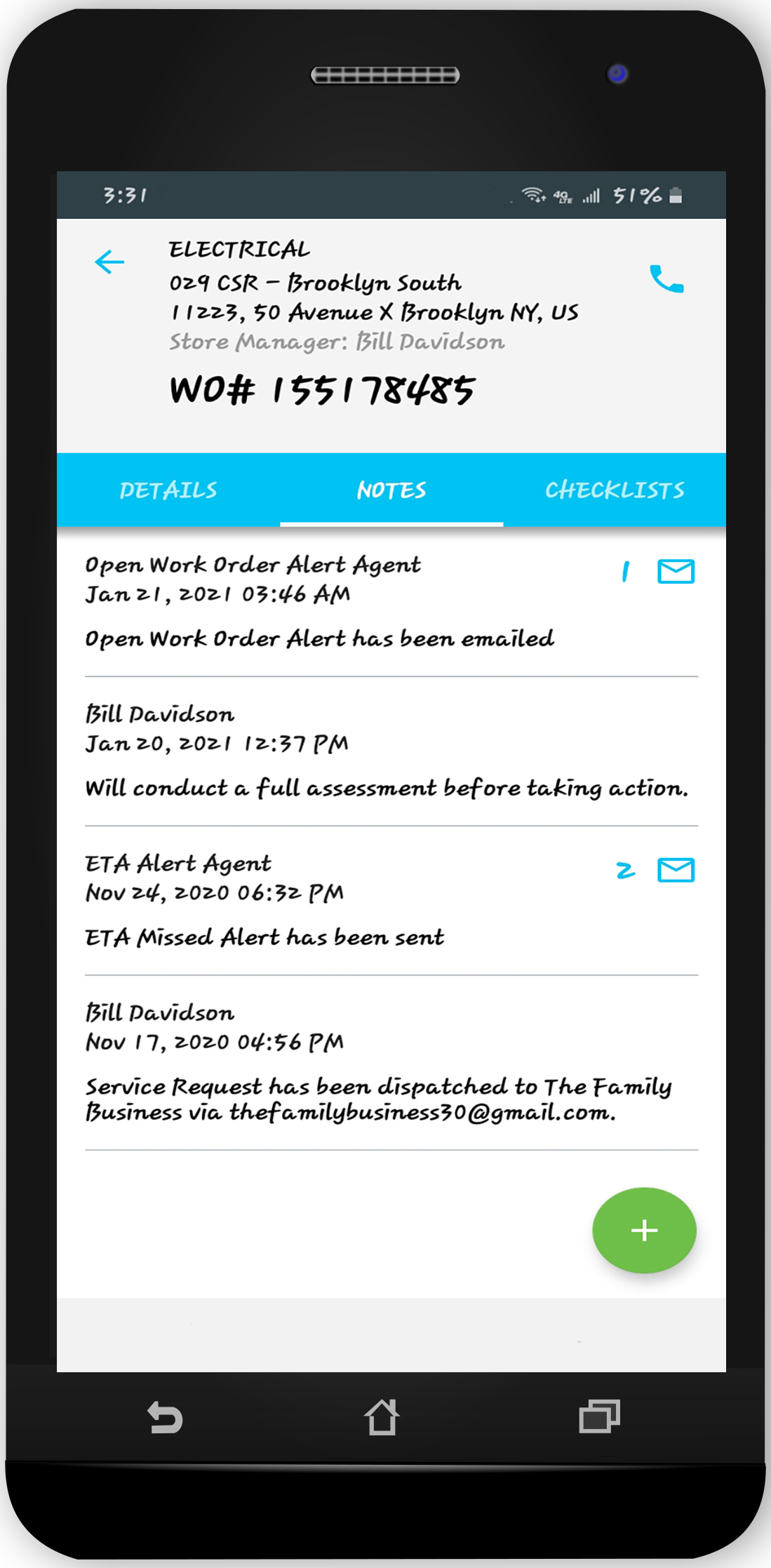 Work order notes shown from within the mobile app.