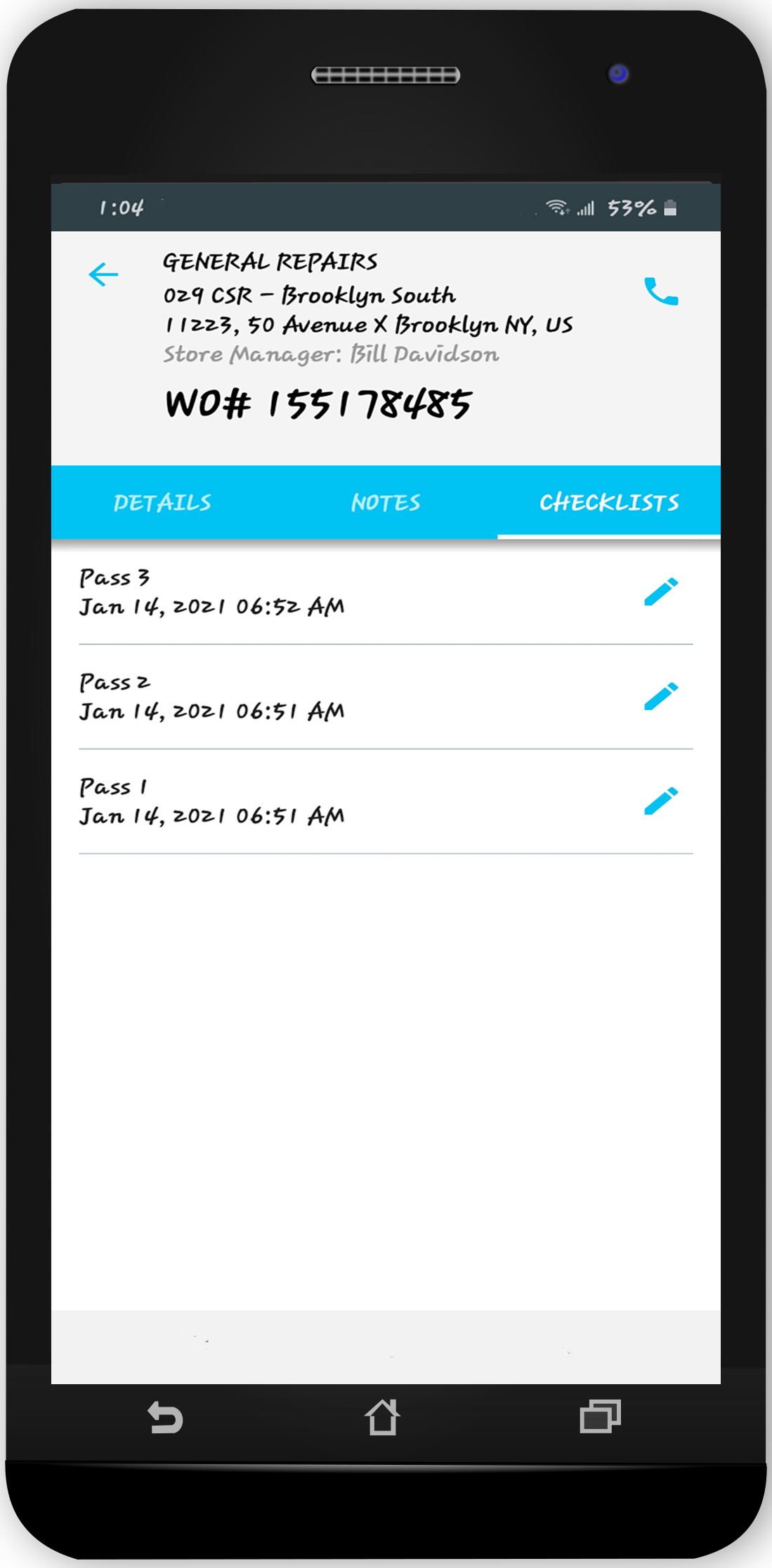 Checklist tab of a work order within the mobile app.