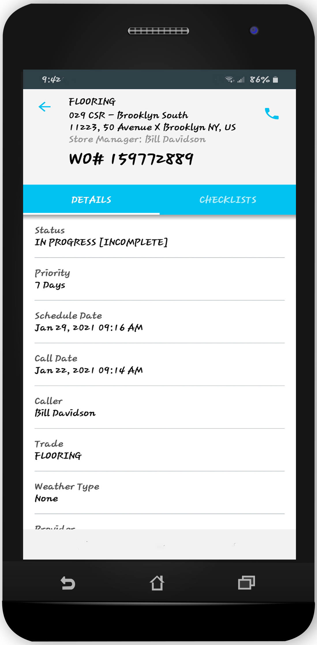 Details of a work order from within the mobile app by a subcontractor.