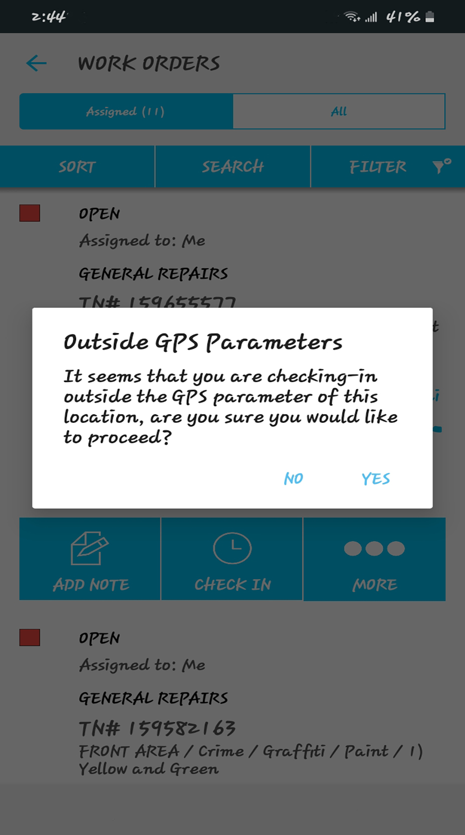 GPS Location for a work order on the mobile app.