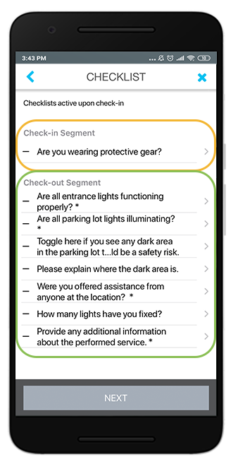 Check-in and check-out segments for checklist questions 