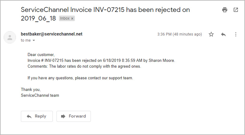 Notification email for rejected invoices