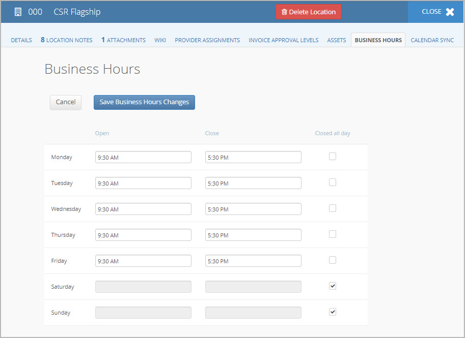Business Hours tab on the location details page