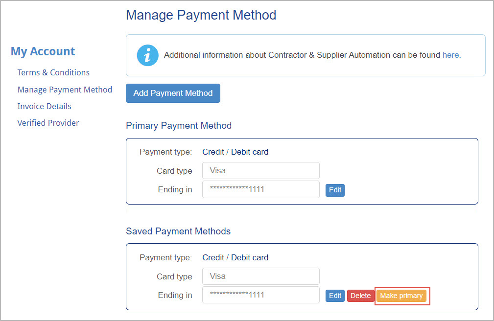 Click Make Primary to make a payment method primary