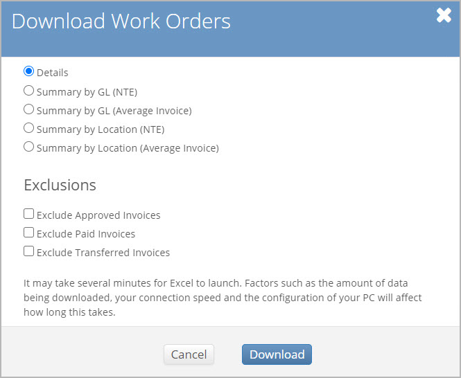 The Download Work Orders overlay where you can select and download the accrual report
