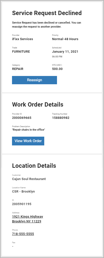 Email notification about a declined work order