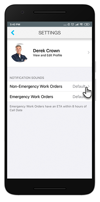 Screen where you can set up specific sounds for emergency and non-emergency work orders