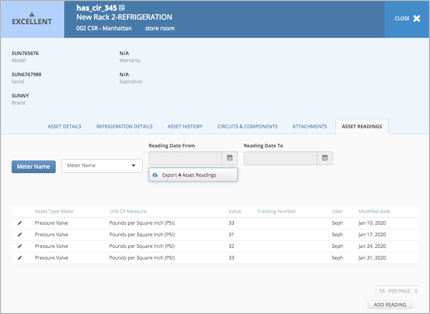 Asset Readings tab on the asset details page