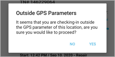 Message that appears when you attempt to check in outside the acceptable GPS radius (check-in is allowed)
