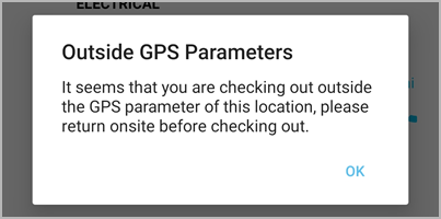Message that appears when you try to check out outside the acceptable GPS radius