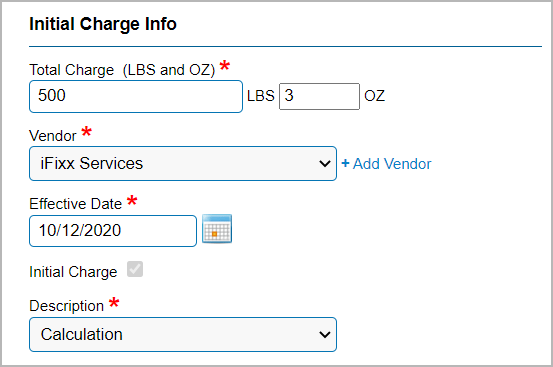 Entering initial charge information about the rack