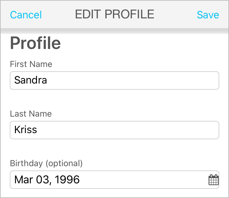 Profile section for entering your first and last name as well as your date of birth